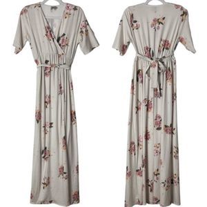 ASOS White & Pink Large Floral Surplice V Neck Belted Maxi Dress Size 6